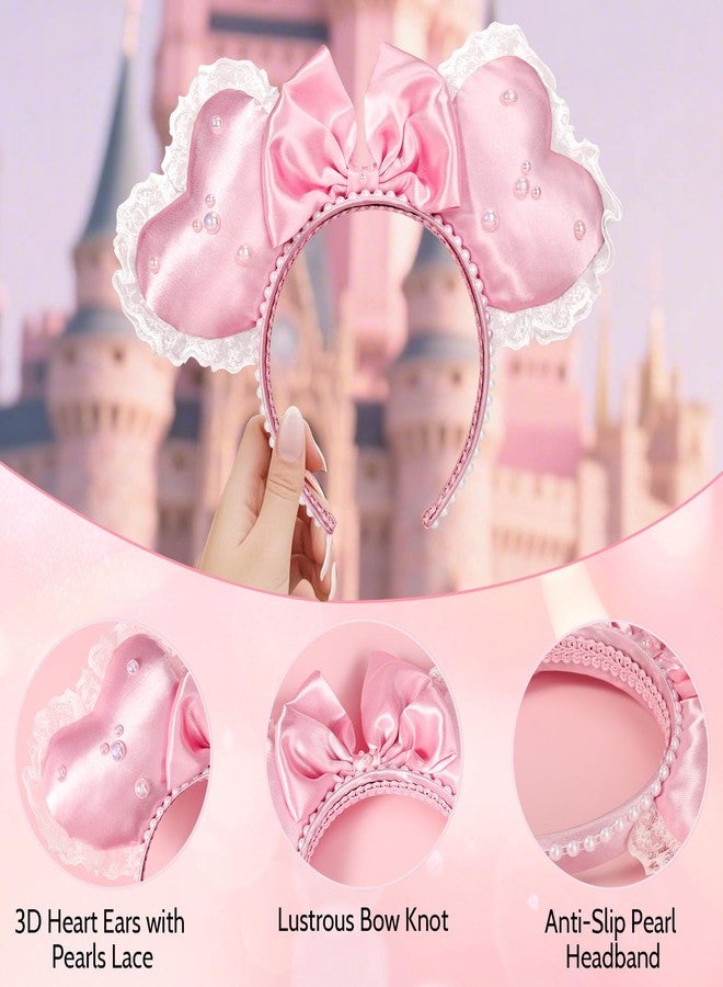 ETLUK Crush Pink Heart Coquette Ears Headband, 3D Pink Sweetheart Ears for Valentines Nite, Valentines Mouse Ears Headband with Pearl Lace Decor for Women Girls Theme Park Cosplay - Image 4